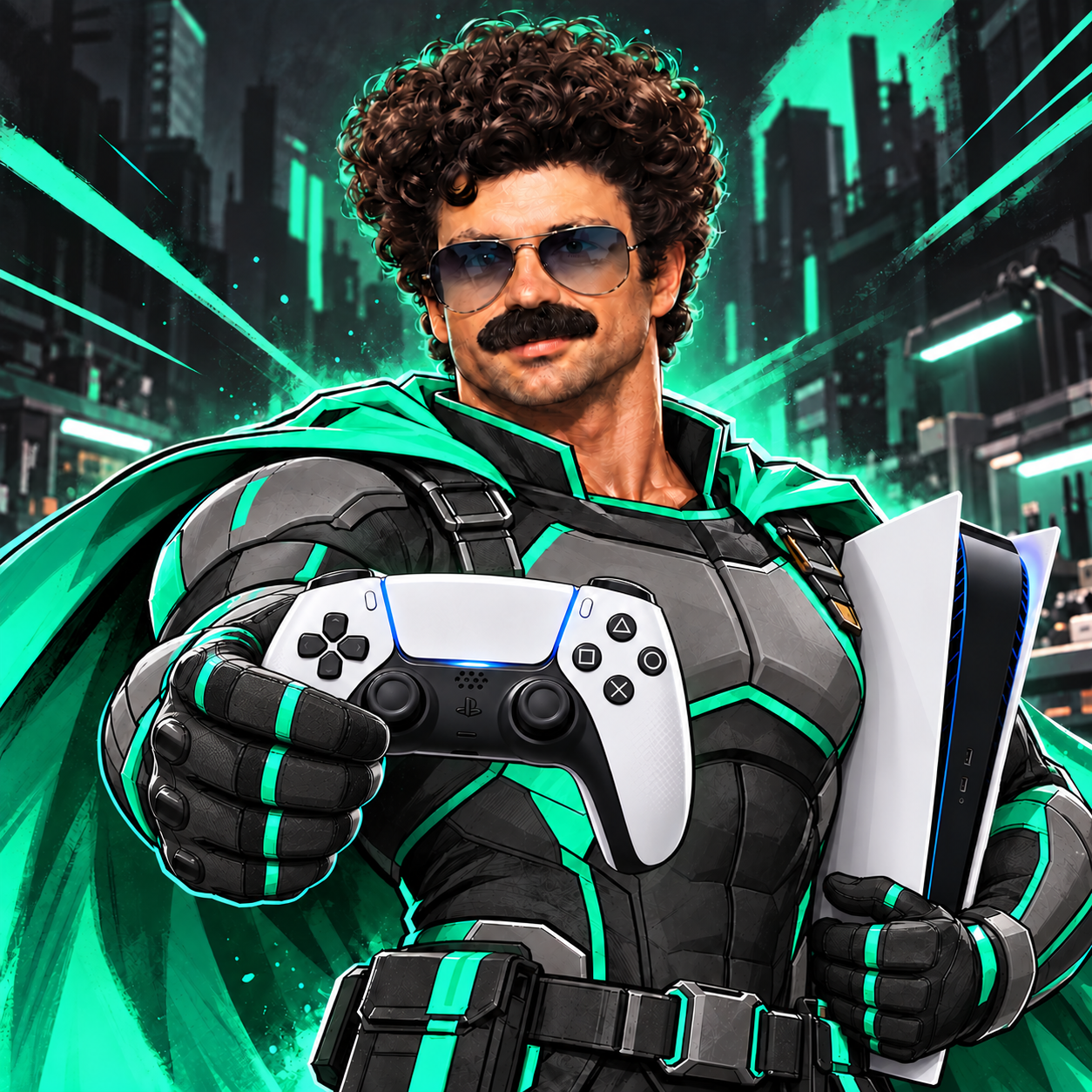 Illustrierter Techniker im grünen Superheldenanzug mit DualSense-Controller und PlayStation 5