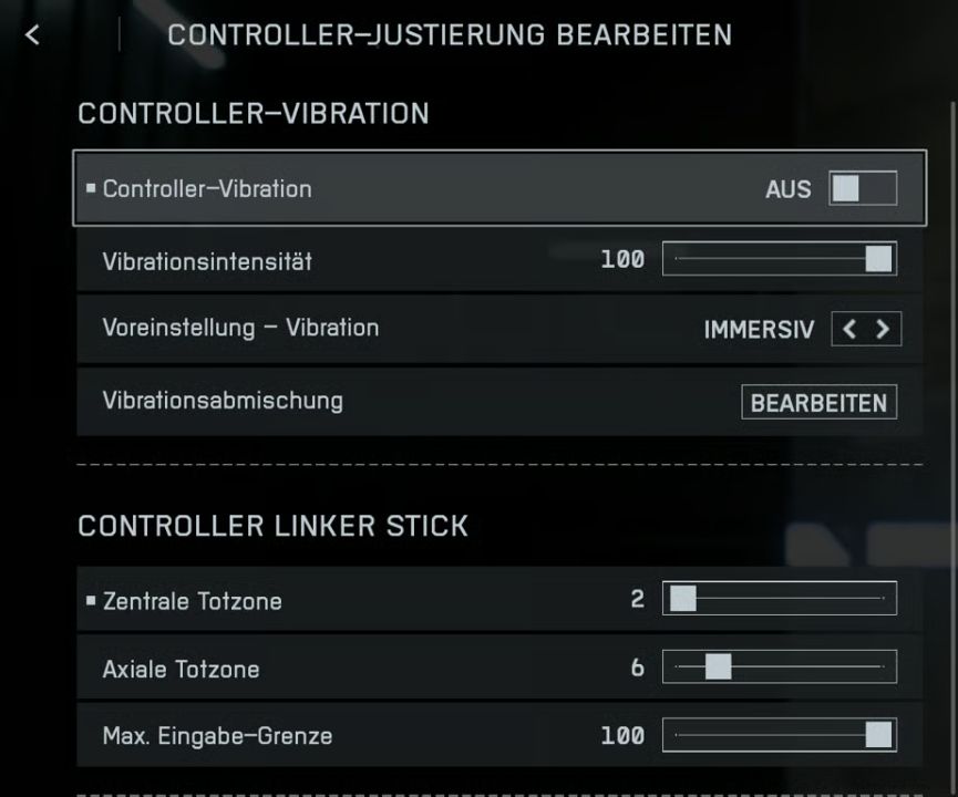 Battlefield-Menü mit Einstellungen für zentrale und axiale Totzone sowie die maximale Eingabe-Grenze des linken Sticks