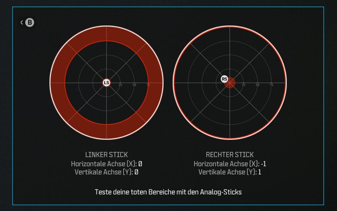 Call-of-Duty-Anzeige zum Testen der Totzonen und Achsenwerte beider Analogsticks