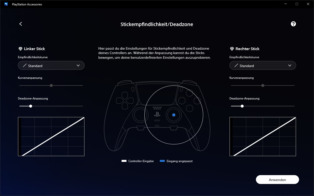 PlayStation Accessories mit dem Menü für Stickempfindlichkeit und Deadzone des DualSense Edge Controllers