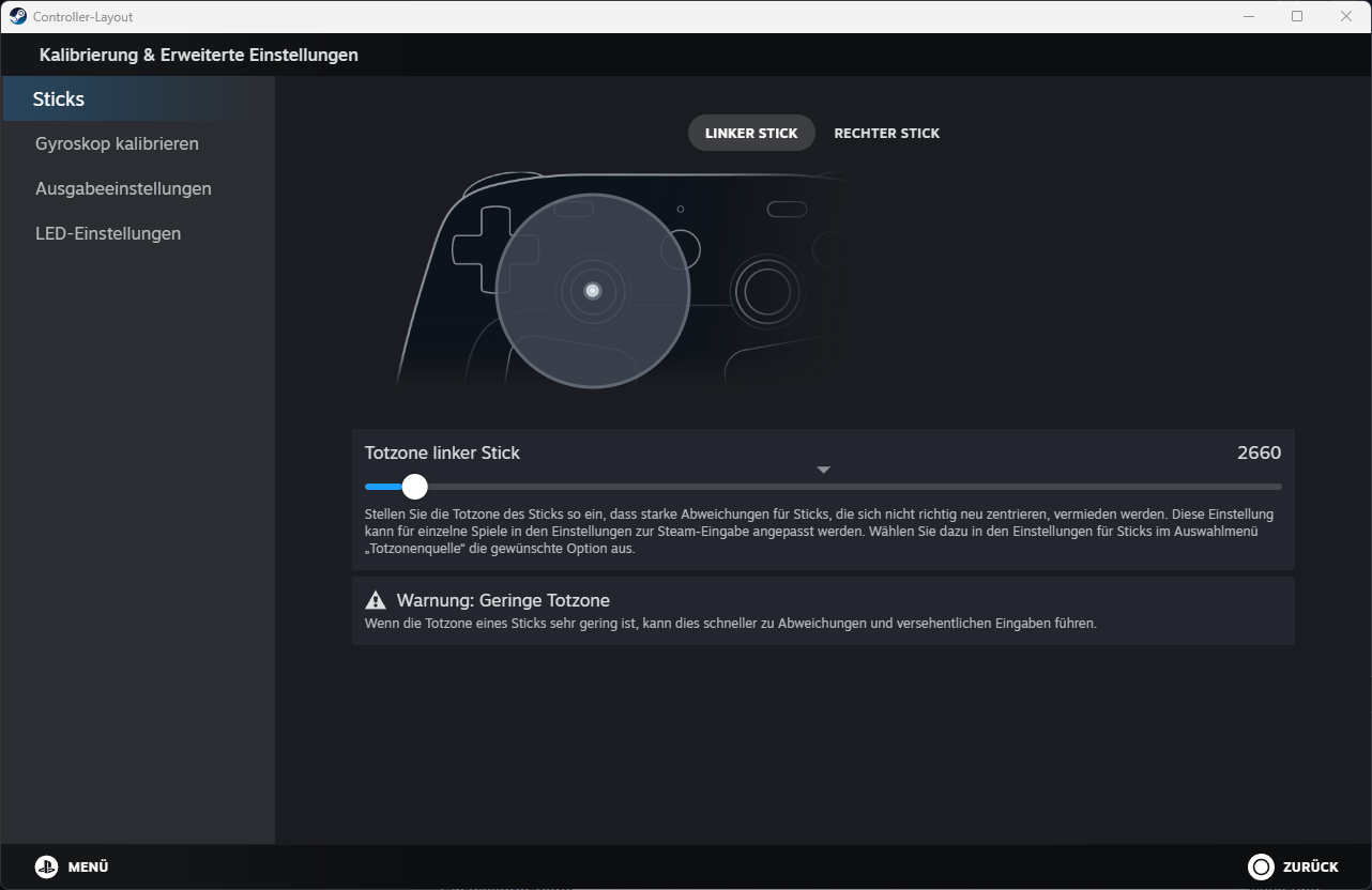 Steam Controller-Layout mit grafischer Stickanzeige, Totzonenregler und Warnung vor einer zu geringen Totzone